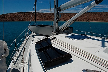 Porta-bote transom on foredeck of sailboat